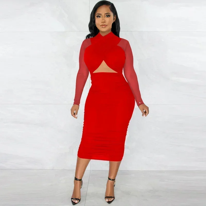 KEXU Cut-Out Crossed Bust Mesh Ruched Midi Dress Fashion Mock Neck Pleated Party Dresses Sexy Mesh Patchwork Night Out Robes