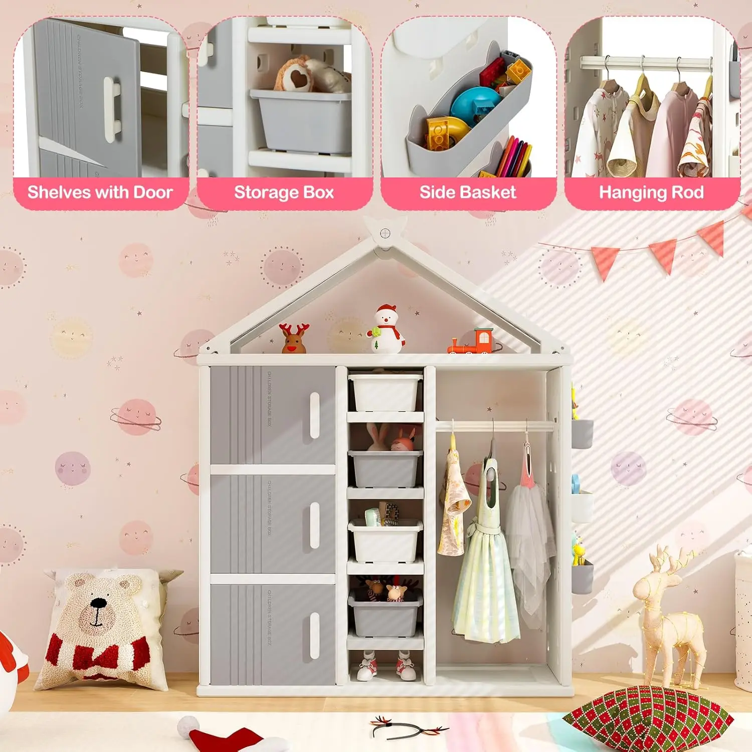 Armoire de rangement pour olympiques d'enfants, armoire de simulation pour enfants, Cisco à armoire ouverte avec bacs de rangement, étagères, bas latéral