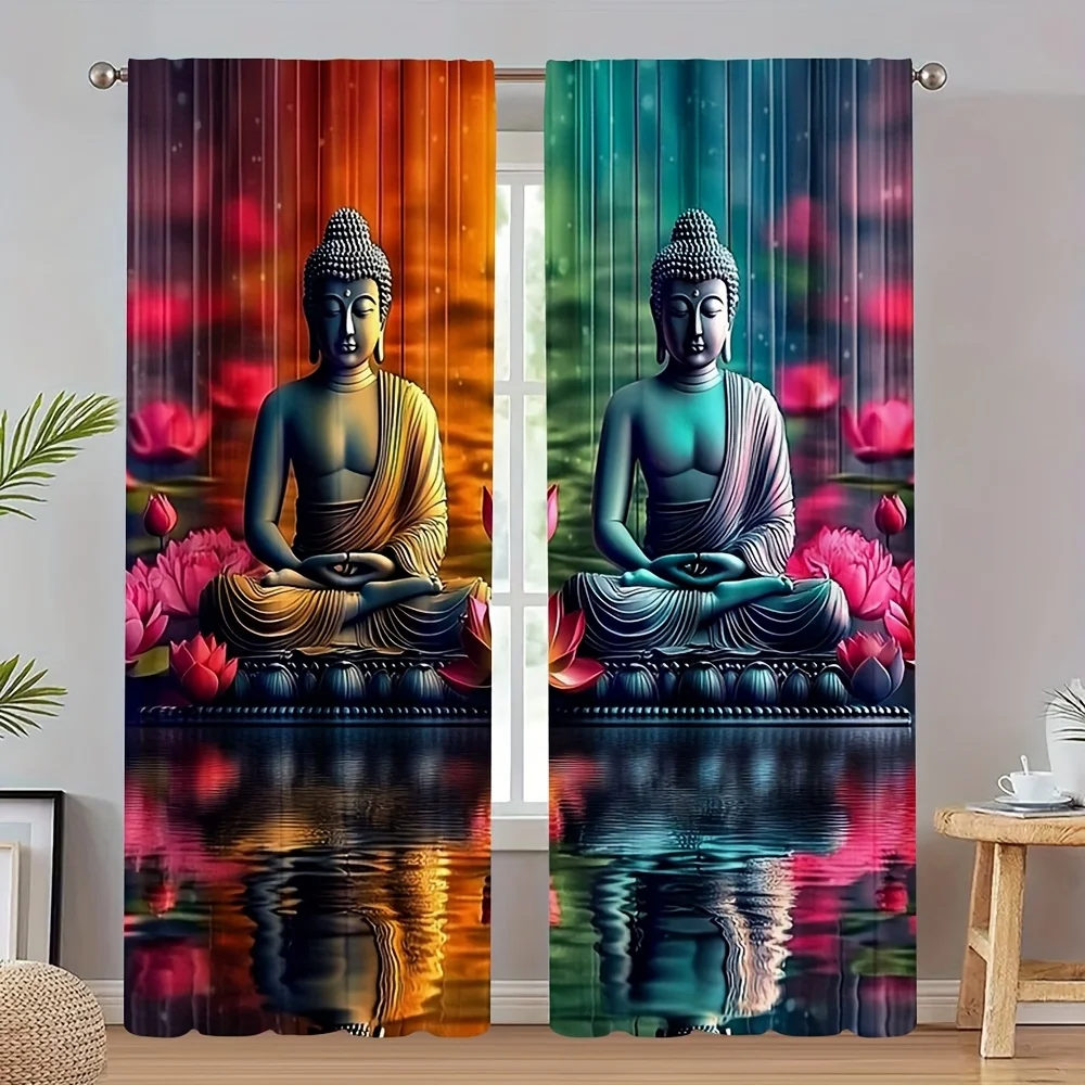 2pcs Buddha Lotus Curtains Zen Meditation Print Blackout Drape Living Room Bedroom Window Treatment Home Decor