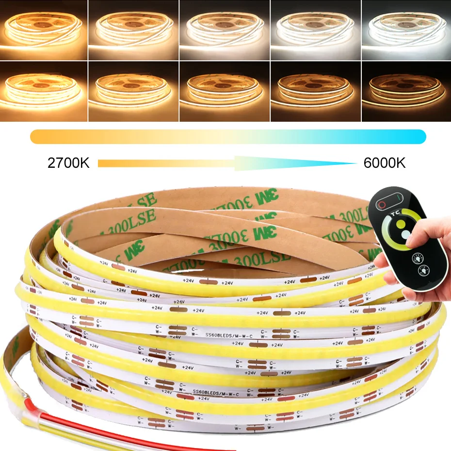 DC24V CCT COB LED Strip 8mm Width 560LEDs/m Dimmable 2700K-6000K Changeable Flexible Tape with RF Control for Room Decor