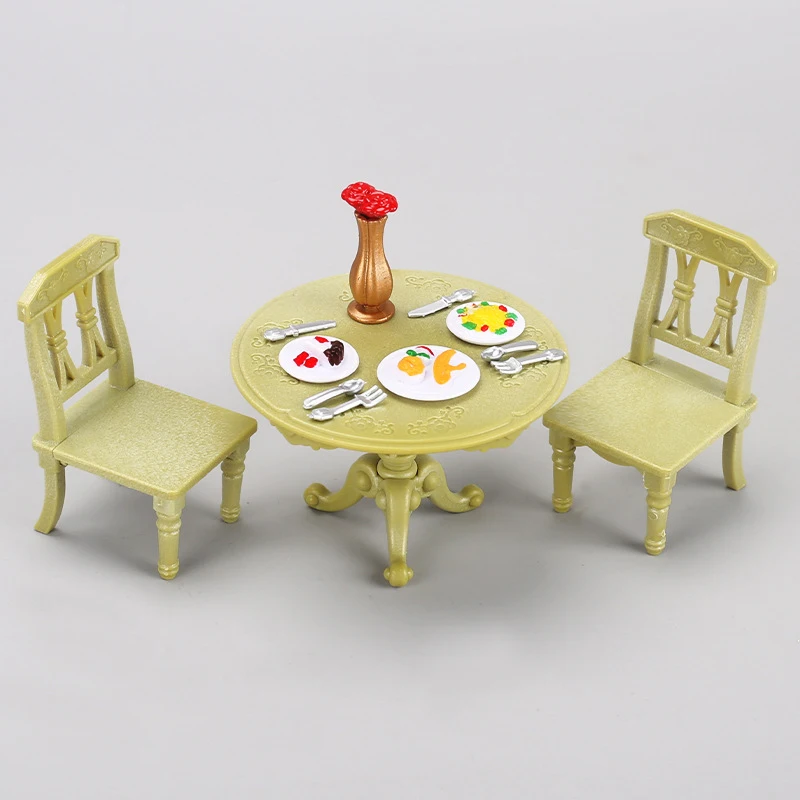 1/12 Dollhouse Miniature Double Table Chair Round Table Set Furniture Wooden Dining Table Chair Simulation Doll House Model Toys