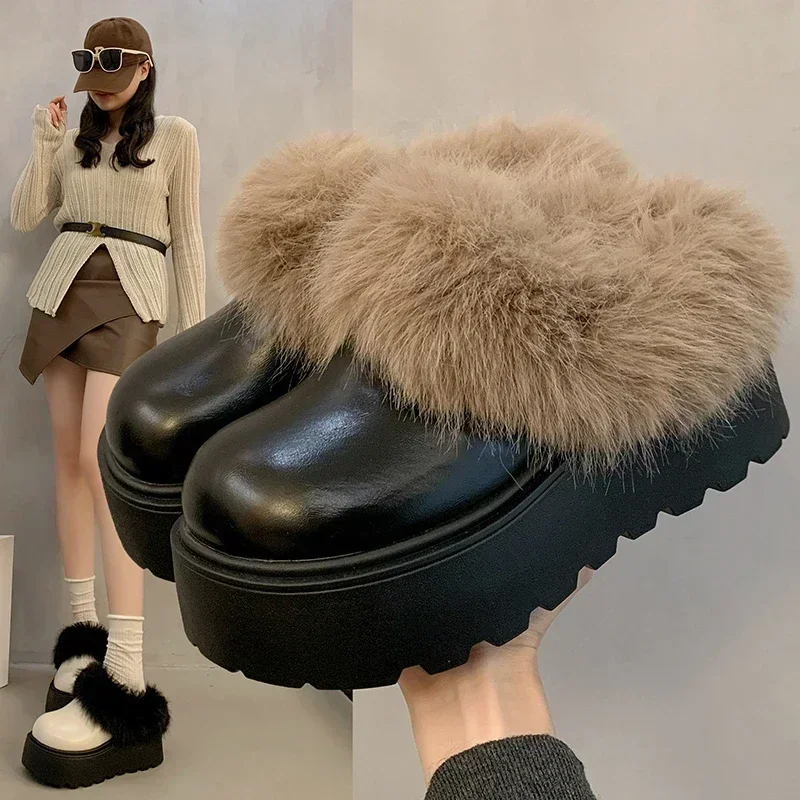 

Women's Thick Sole Casual Shoes Anti-slip Round Head Keep Warm Shallow Mouth One Kick Winter Boots Middle Follow Velvet Lining