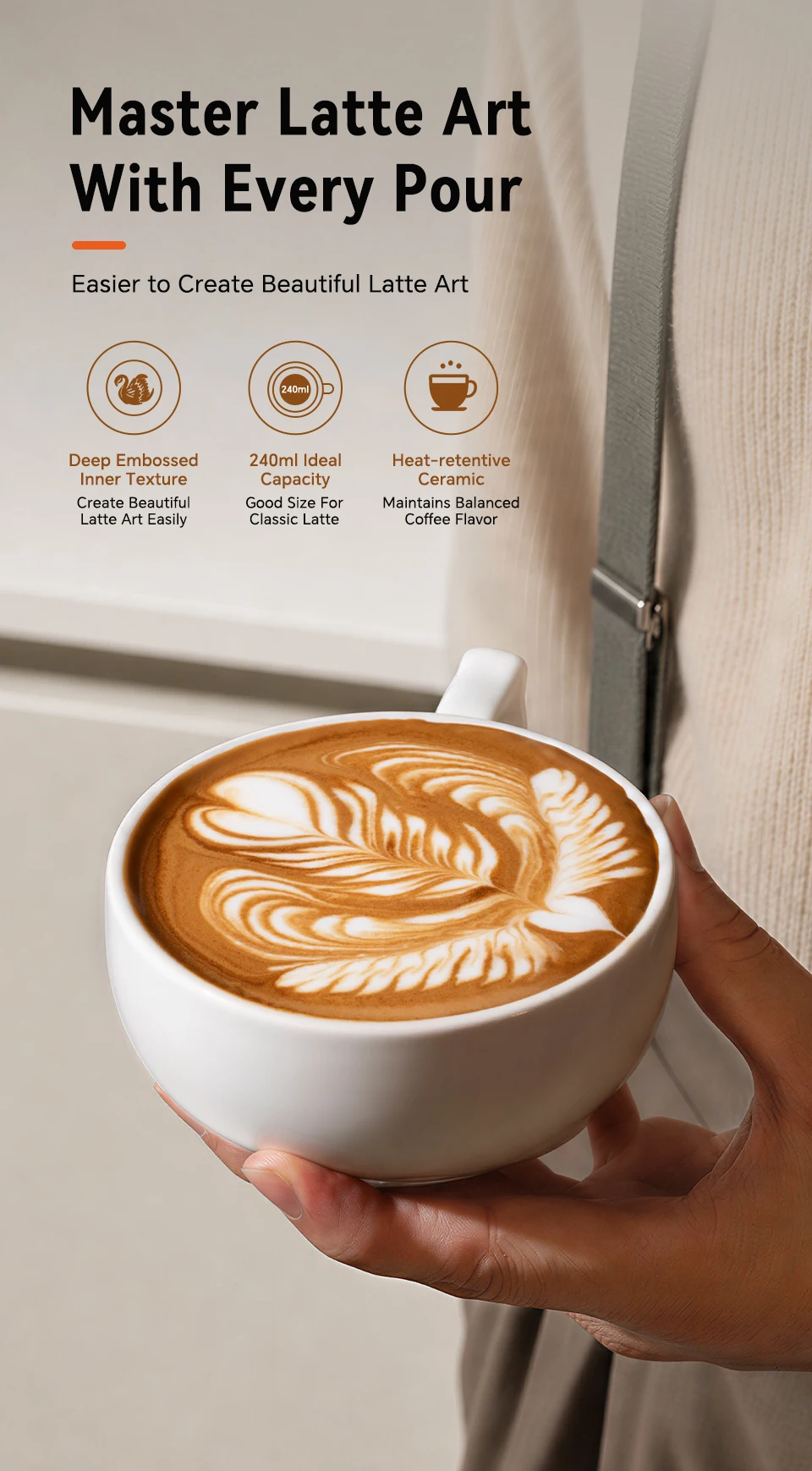MUVNA 240ml Ceramic Latte Art Cup Embossed Coffee Cup With Saucer Thick Rim Wing Handle Barista Cappuccino Espresso Cup