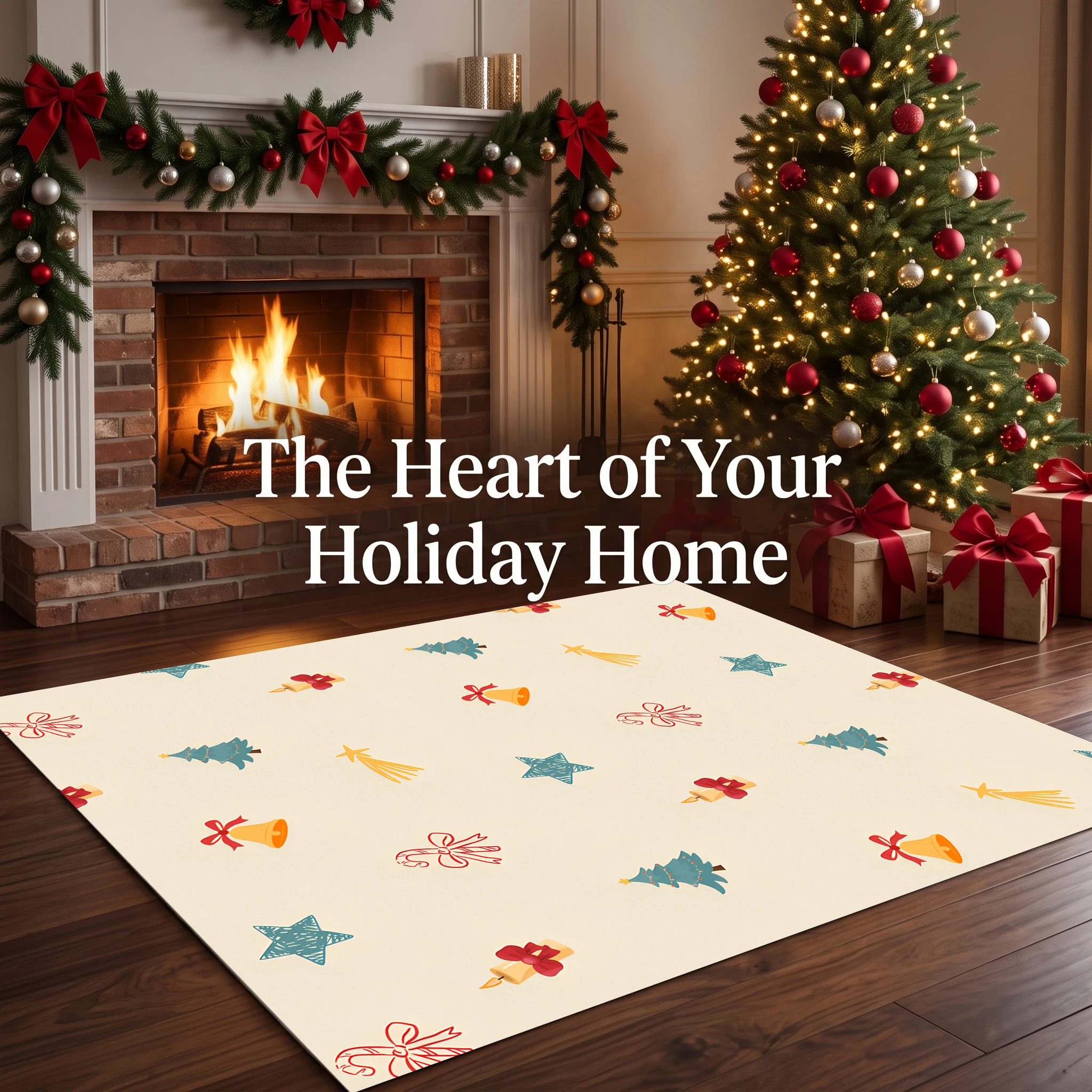 Velvet Rug Scattered Christmas Bell Star Little Tree Print Warm Playful for Bedroom Living Room Entryway Decor