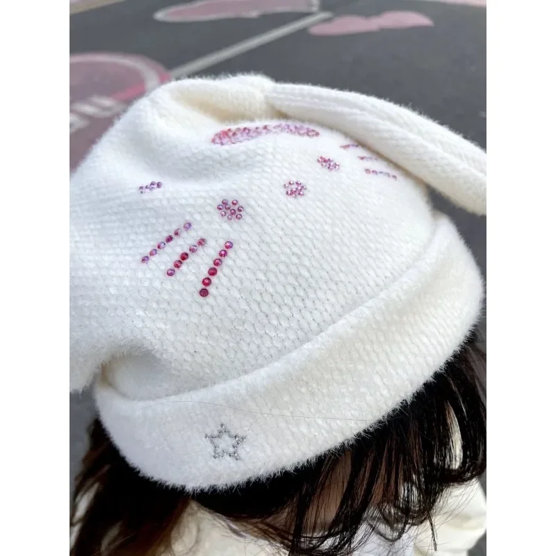 Kawaii Sanrio Hellokitty Rhinestone Ear Hats Winter Knit Outdoor Warm Caps Casual Cap Y2k Sweet Fashion Girls Decorative Hats