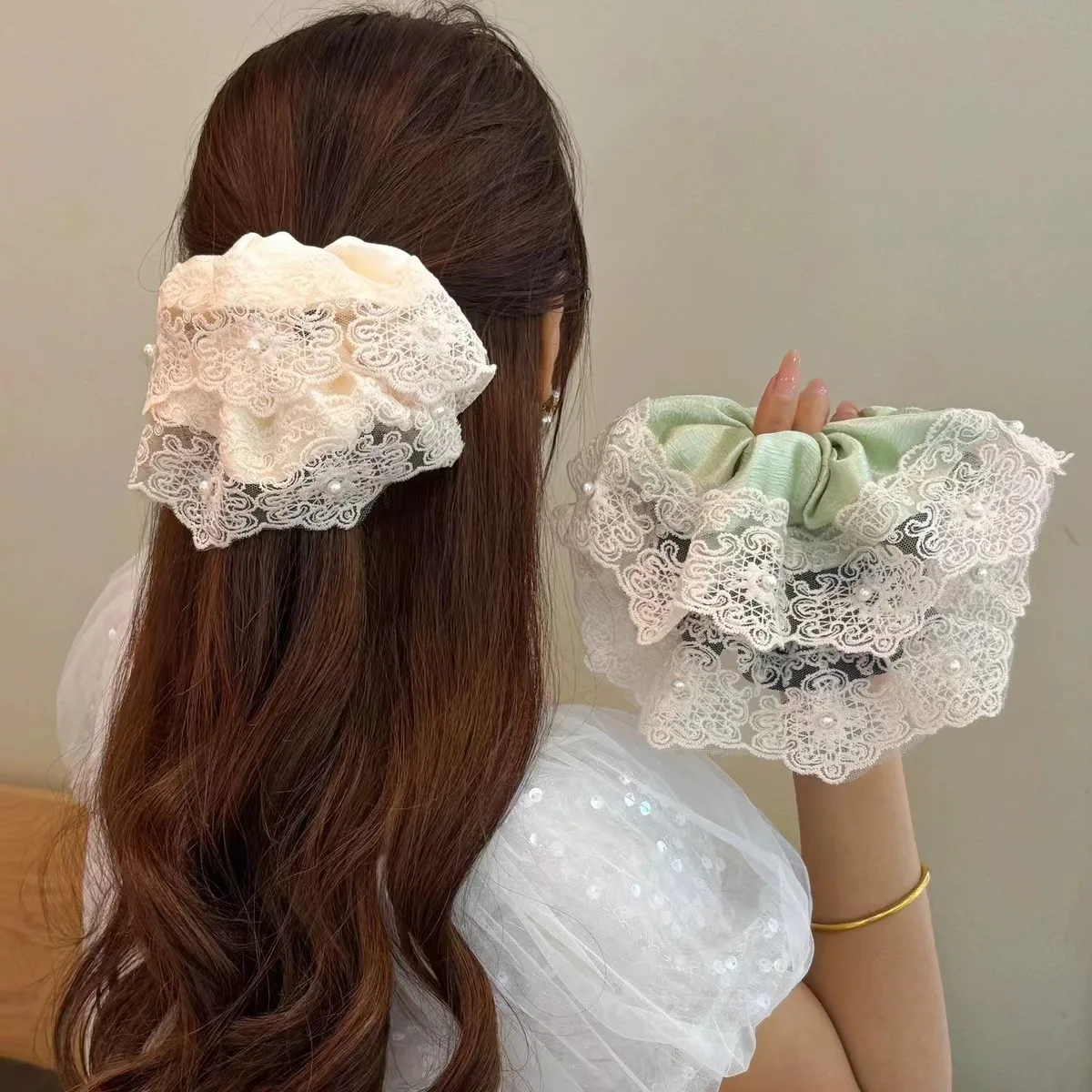 

Satin large intestine hair band female back head tie headrope heavy industry retro pearl hair band hair accessories