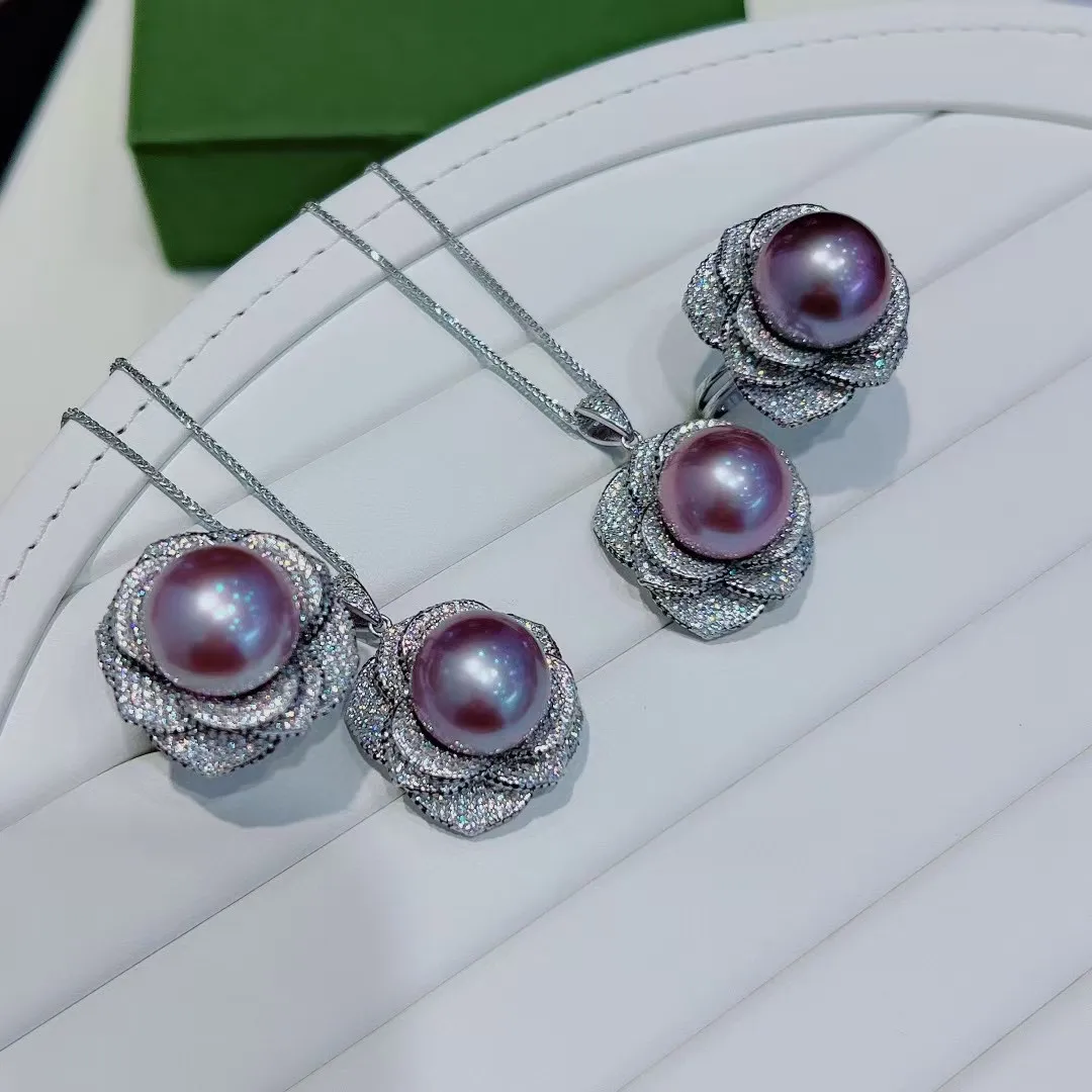 

High end temperament rose (adjustable ring mouth) ring AAAA11-12mm natural South Sea round purple pearl ring 18in/925s pendant