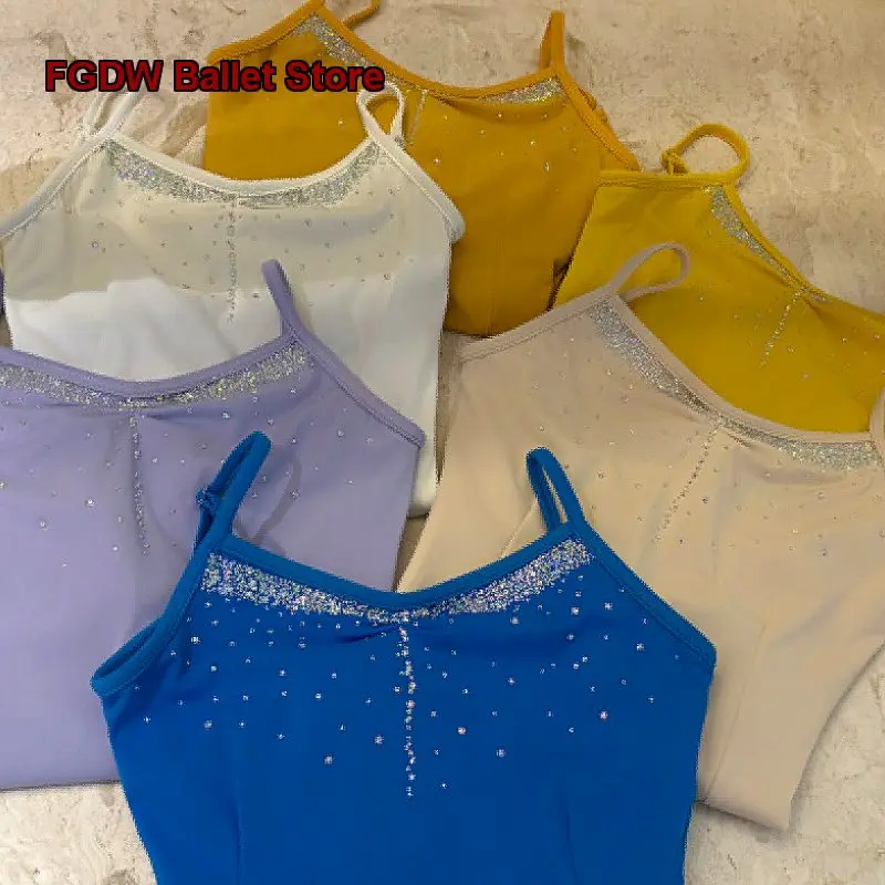 Women's Adult Ballet Leotard Art Exam Spaghetti Strap Dance Dress Rhinestone High Cut One-Piece Body Suit Basic Training Gymnast