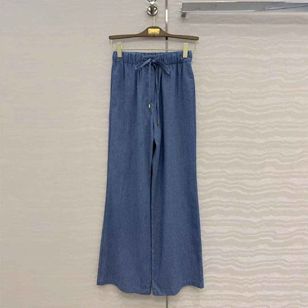 

Джинсы женские в стиле Old Money, повседневные, свободные, синие, из тонкого хлопкового денима, с поясом на шнуровке, на одной пуговице, широкие брюки, весна 2026