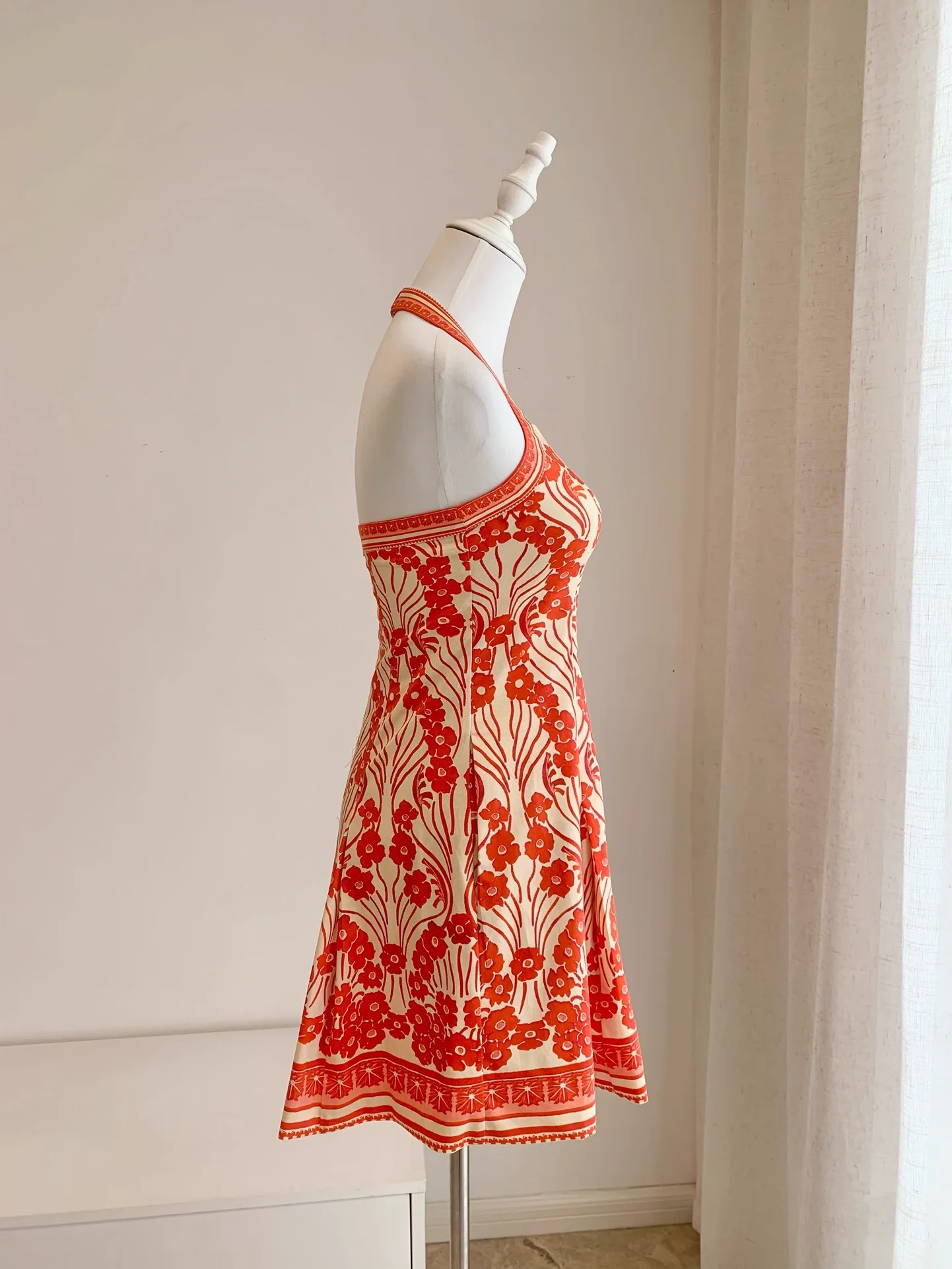 

2025 New Female Linen Dress Red Flower Print Halter Neck Sleeveless Casual Slim Mini Robe