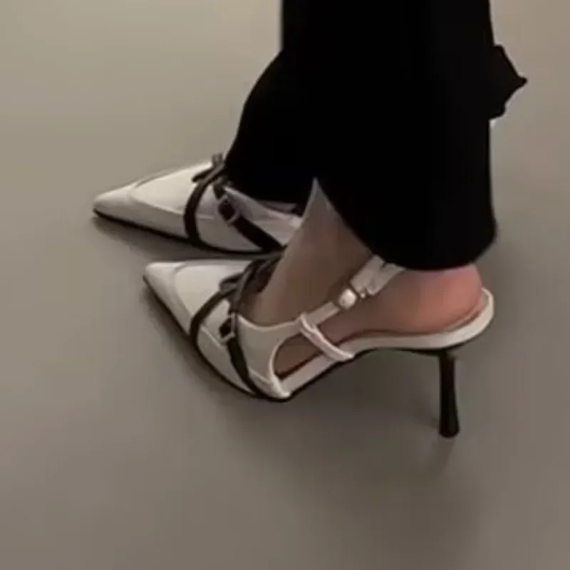 À la mode bout pointu peu profond talons hauts été boucle élégante décoré talons aiguilles marque de luxe femmes sandales grande taille