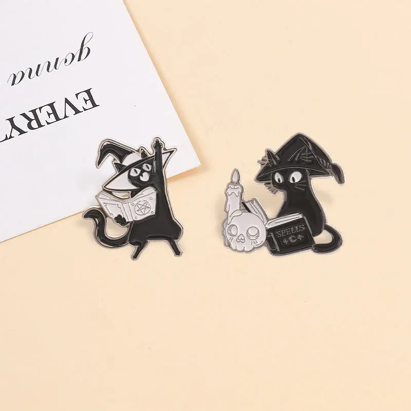 Creative Magic Wizard Black Cat Brooch Halloween Spell Book Skull Candle Cartoon Badges Party Gift Pins DIY Clothing Bags Hat