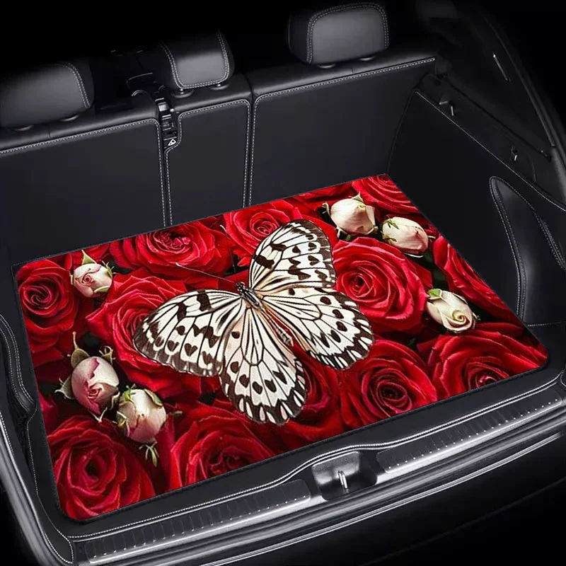 Tapis de coffre de voiture motif papillon et rose, 1 pièce, noir - motif papillon blanc et rose rouge, design visuellement captivant, universel F