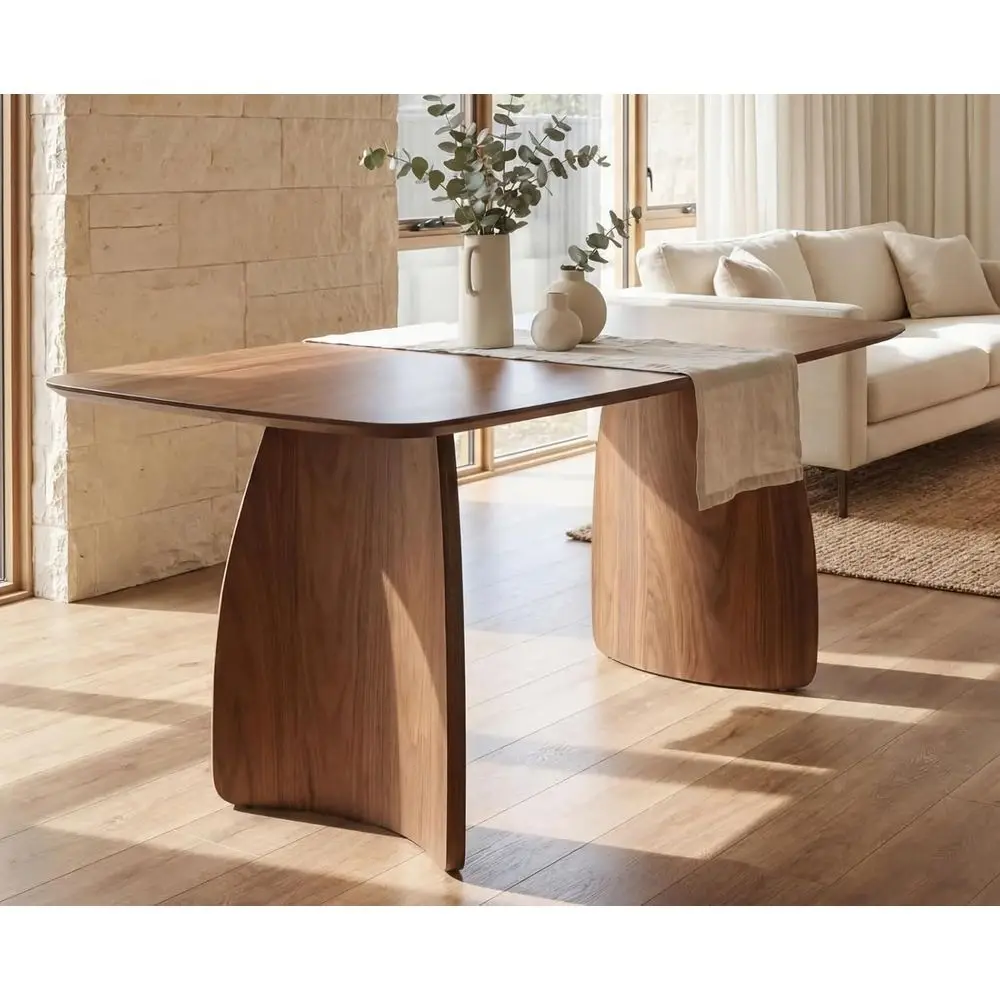 

70 Inch Walnut Curved Leg Solid Wood Dining Table for 6-8 People, Century Modern Style