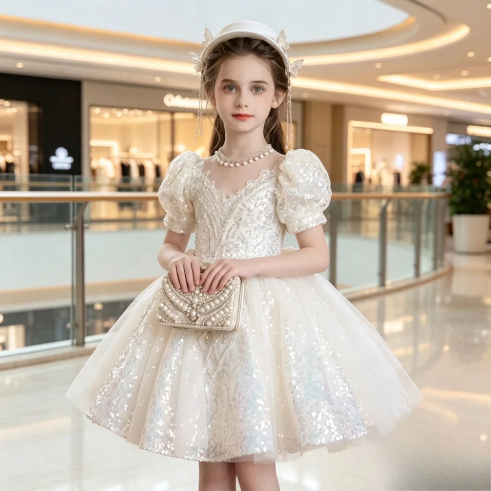 Children White Pearl Girls Evening Dress Host Performance Elegant Gown Kids Formal Costume Wedding Flower Girl Lace Princess