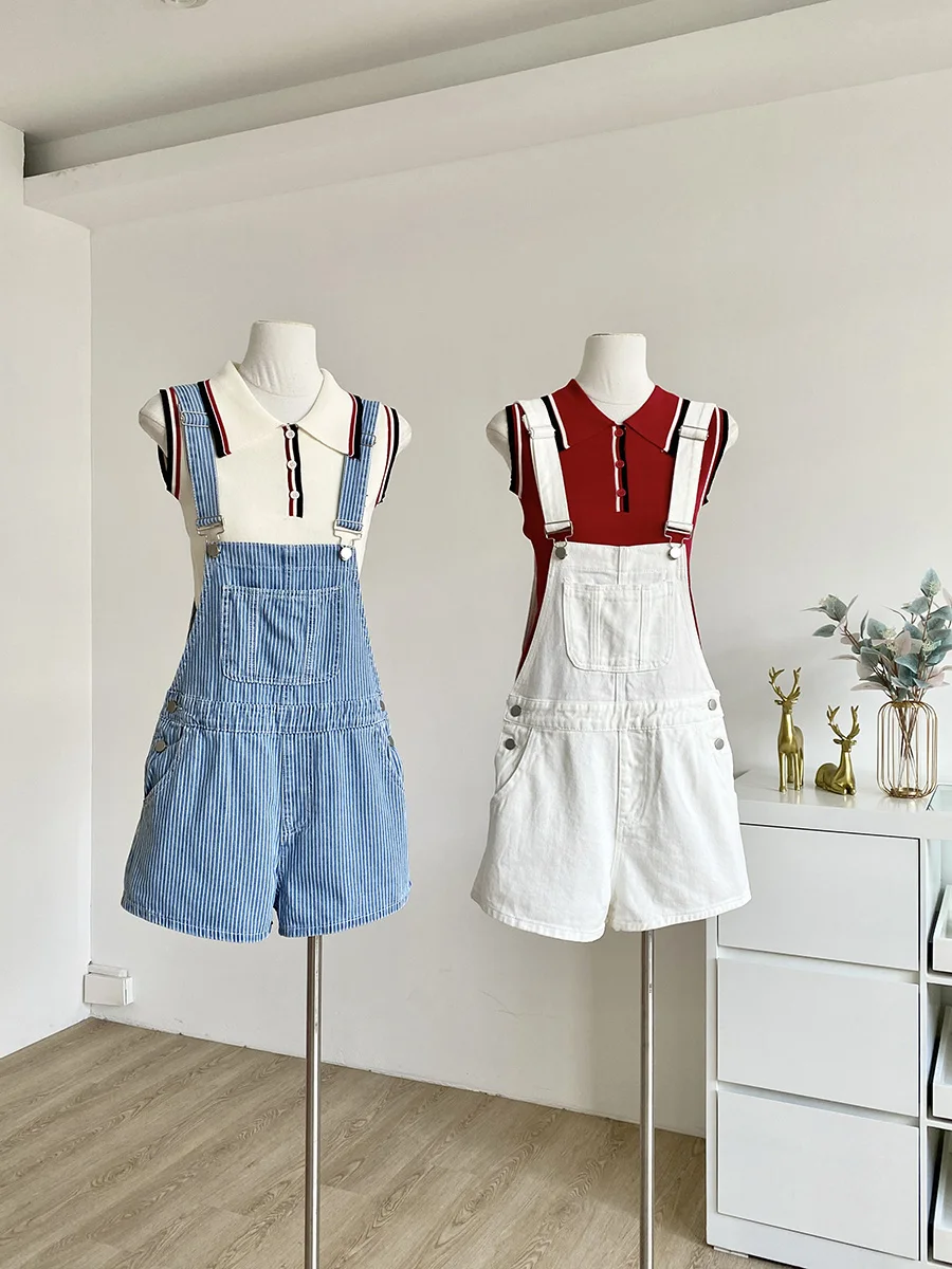 

Летние женские джинсовые шорты-комбинезон в корейском стиле, повседневные, шикарные, в полоску, свободного кроя, с высокой талией, укороченные, 2025 год