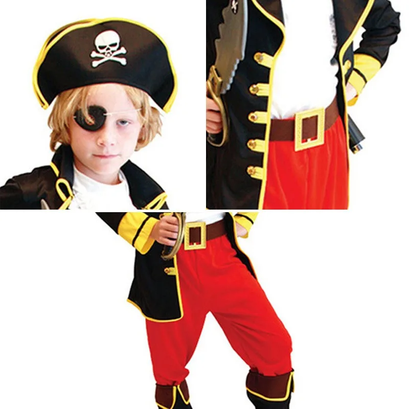 Boy's Caribbean children's pirate costume, Captain Jack Pirate, Skull pirate hat, Cyclops eye mask， Without weapons