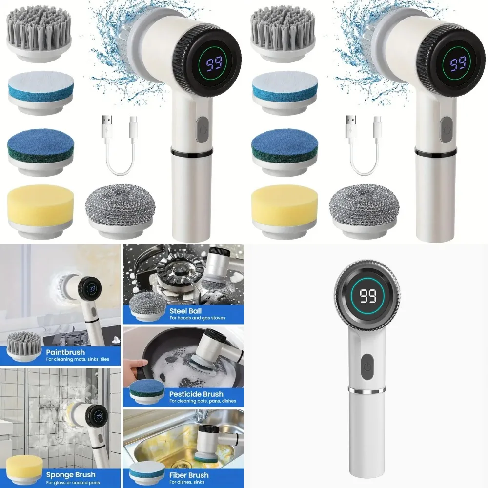 

3-скоростной аккумуляторный электрический скруббер: инструмент для чистки 5-в-1 с цифровым дисплеем и 5 насадками для дома, автомобиля, ванны, раковины, стен