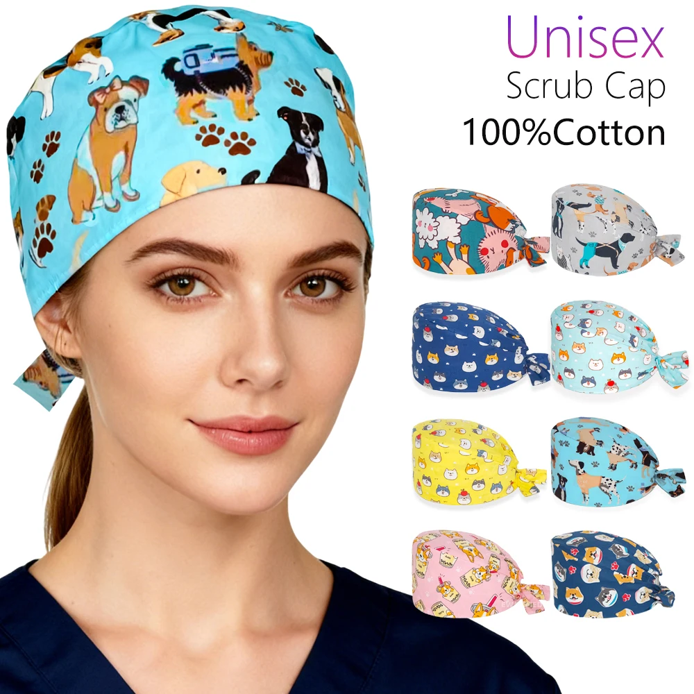 

Women Men Scrub Hat Dogs Printing Cotton Anesthesia Orthopedics Pet Doctor Work Nurse Hats Dental Operating Room Surgical Caps