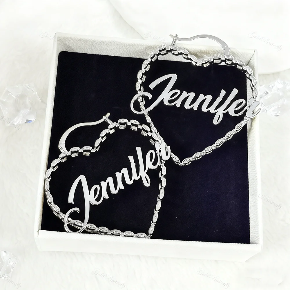 Custom Name Heart Hoop Earrings Personalized Gold Plated Watch Chain Link Design Statement Jewelry Gift for Women Birthday