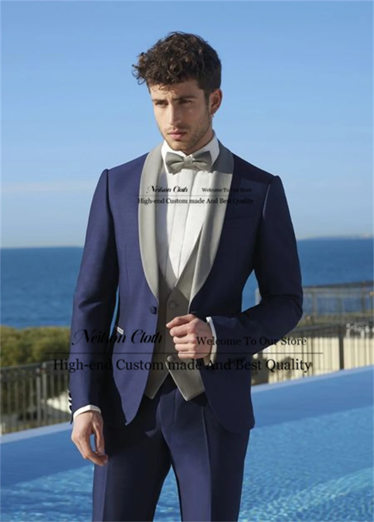 

Formal Navy Blue Male Prom Blazers 3 Pieces Sets One Button Groom Wedding Tuxedos Shawl Lapel Customized Terno Masculino