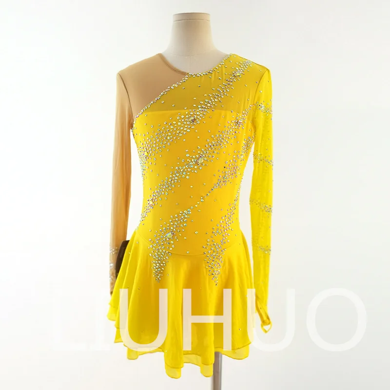 LIUHUO Abito da pattinaggio artistico su ghiaccio Ragazze Donne Adolescenti Abito da competizione giallo in spandex elastico all'ingrosso