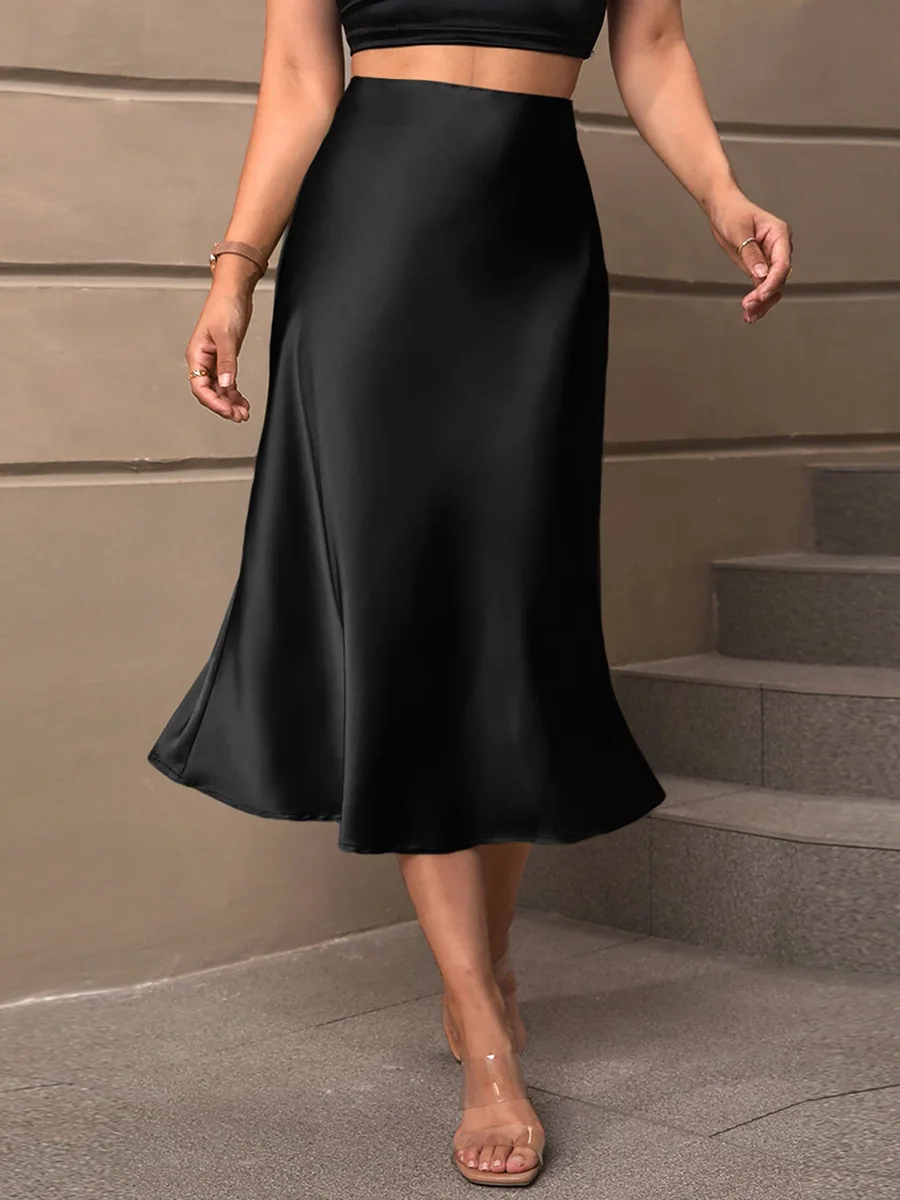 

Women's Satin A-Line Midi Skirt Elegant High Waist Flowy Party Work Skirt 2025 Spring Summer Fashion
