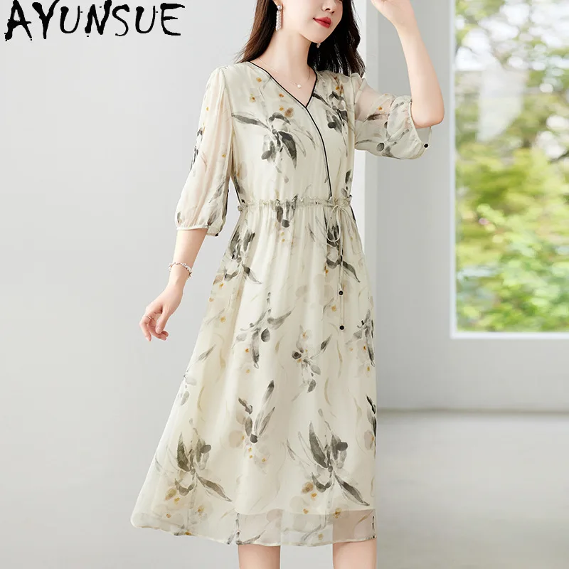 AYUNSUE 100% Mulberry Silk Dress for Women Clothes Pretty and Elegant Womens Dresses Summer Dress Print Lace-up Платье Женское