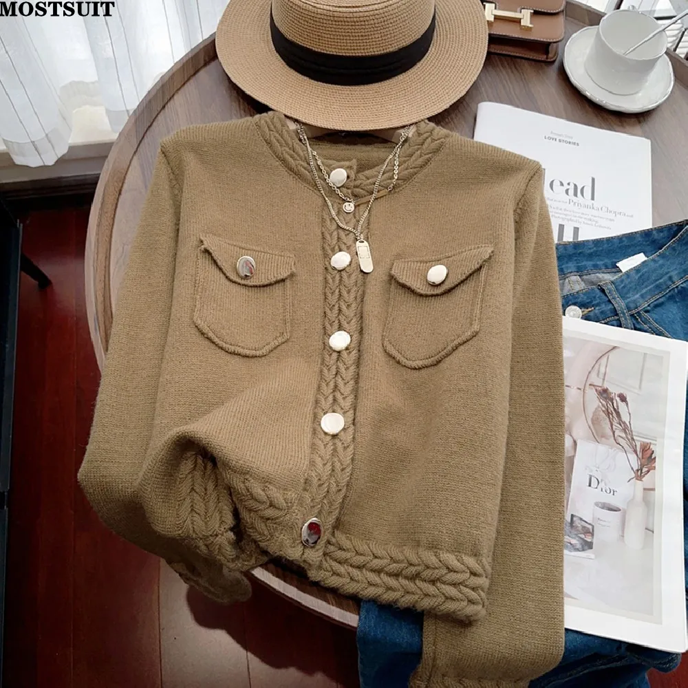 Stylish Knit Sweater Cardigan For Women Elegant Fashion Ladies Tops Knitwear Autumn Winter Long Sleeve O-neck Chic Female Jumper