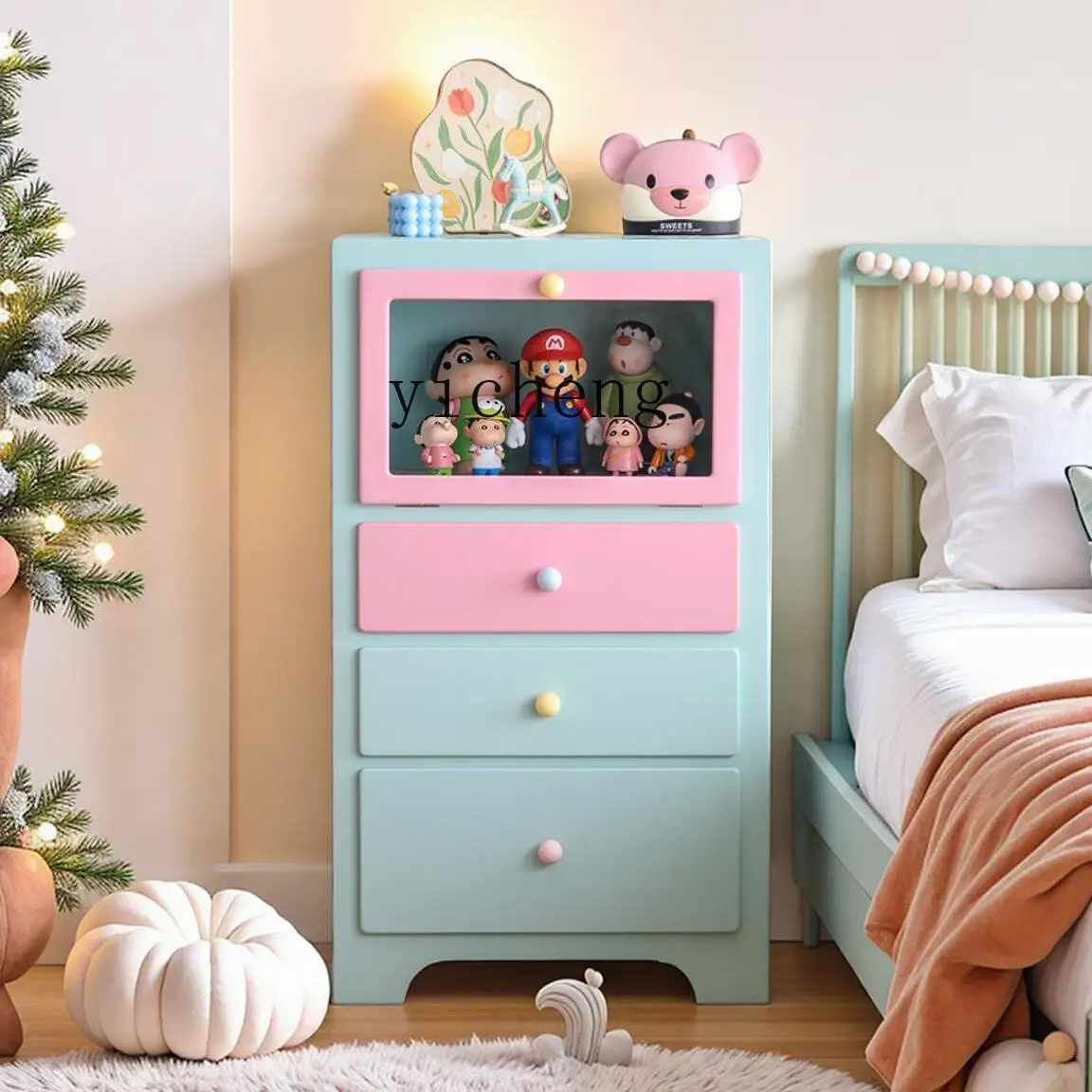 

TQH Cream Wind Solid Wood Bucket Cabinet Dopamine Six Pumping Storage Locker Bedroom Grocery Cabinet