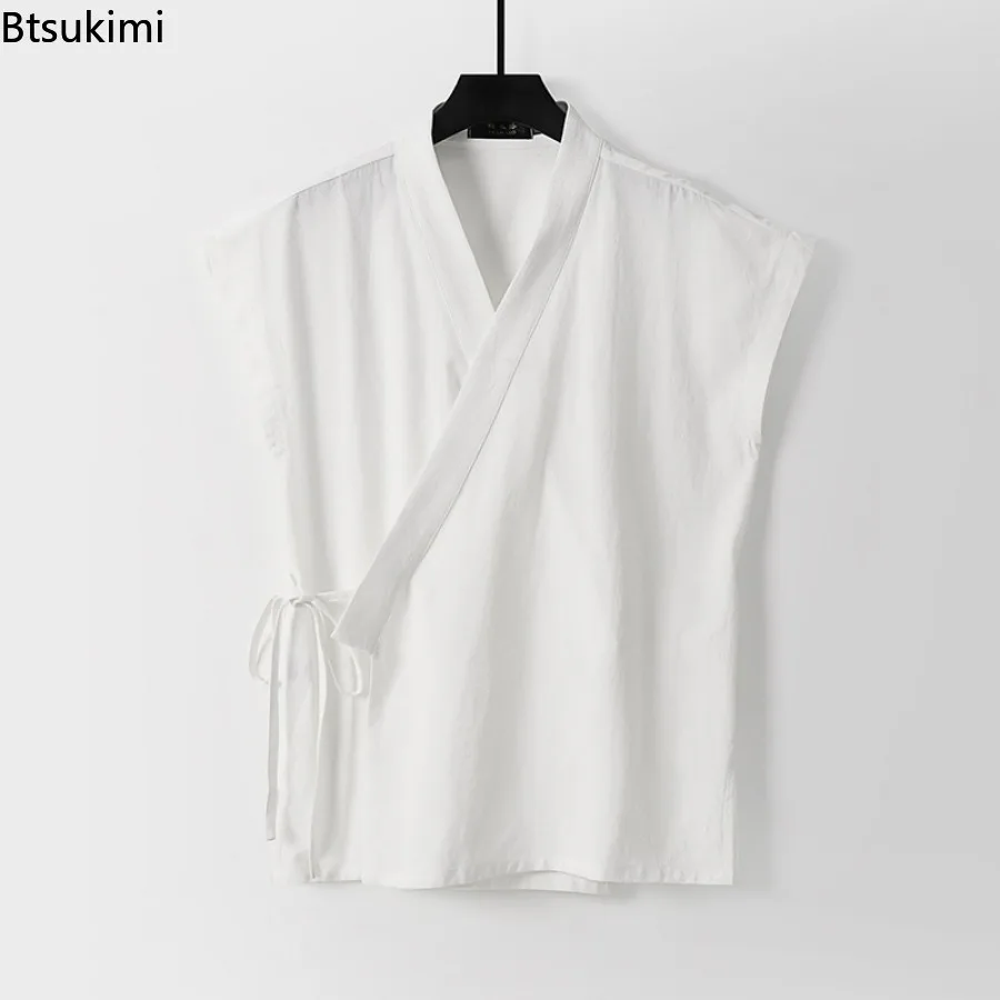 Chinese Traditional Clothes Men's Cotton Linen Tank Tops Sleeveless Tang Suit Tops Kimono Cardigan Solid Vintage Hanfu Vest Male