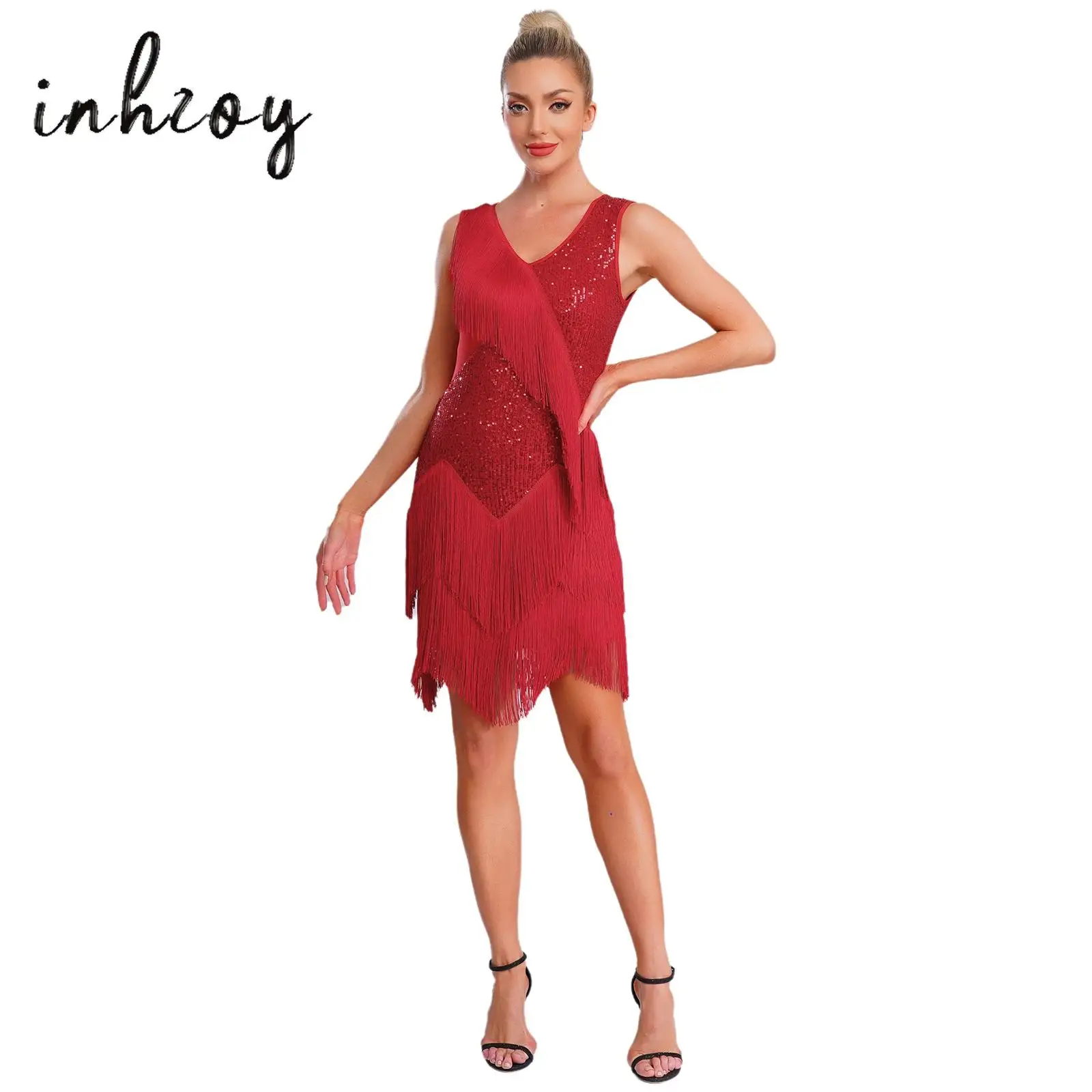 

Womens Chacha Latin Dance Dress Glittery Sequin Tiered Tassel V Neck Sleeveless Fringe Bodycon Dress for Salsa Tango Ballroom