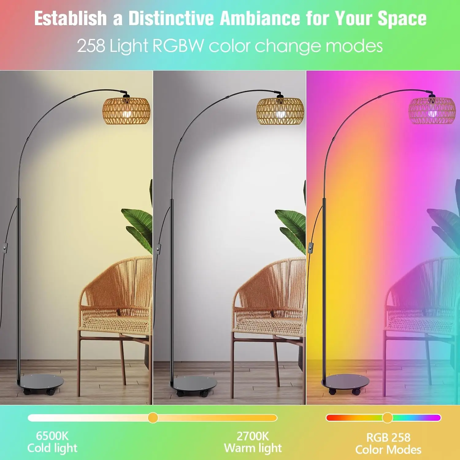 Rgb Arc Floor Lamp With 3 Color Temperatures, Dimmable Rattan Boho Standing Lamp, App And Remote Control, Modern Tall Lamp For