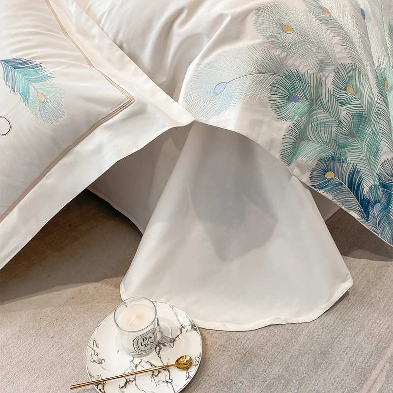 Feather Embroidery Duvet Cover Sets, Bed Sheet, Pillowcases, Luxury, Solid Color, Queen, King, 100% Cotton, White Bedding Set