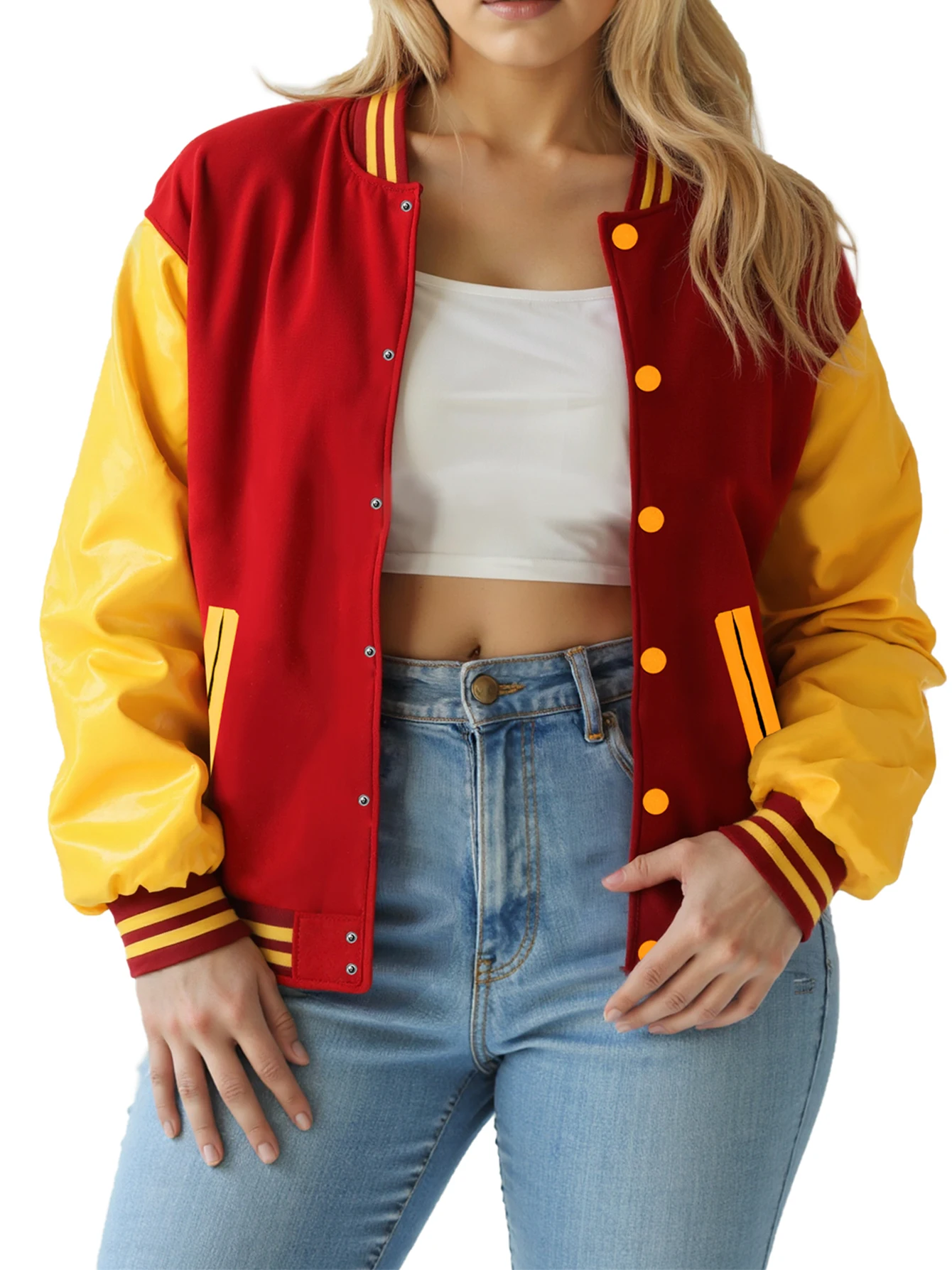 Women's Plus Size Baseball Jacket Trendy Varsity Coat Vintage Casual Outerwear Stylish Streetswear with Two-Tone Color Design