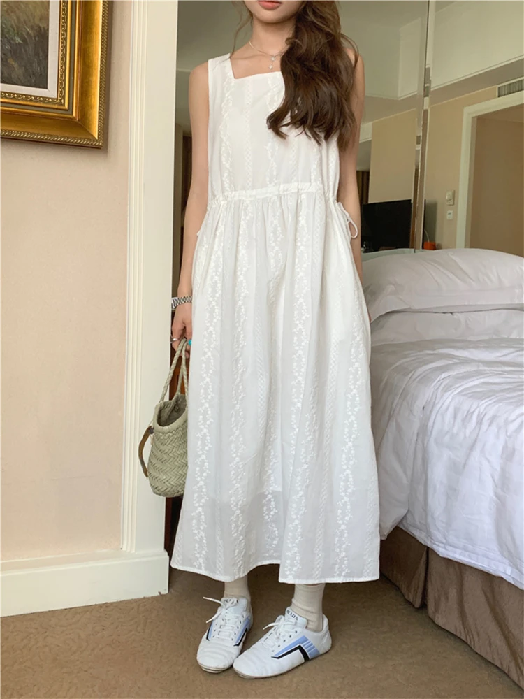 DR10397 New 2024 Floral Sleeveless High Waist Vintage Lace Up Korean Fashion Elegant Wild Lady Women Spring Summer Long Dress