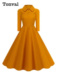 Tonval Peter Pan Collar Buttons Front Solid Vintage Swing Dresses Autumn Winter 3/4 Length Sleeve Women 1950s Dress Elegant
