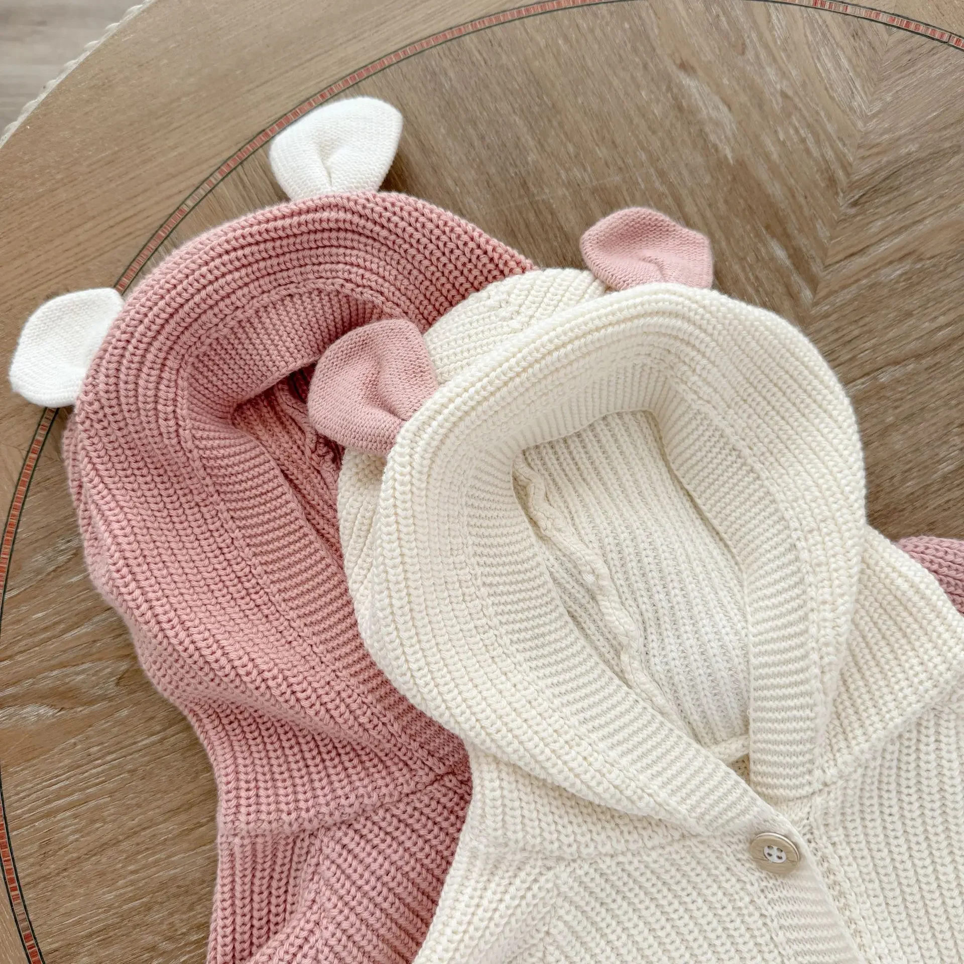 0-24M 100% Cotton Newborn Baby Knit Romper Kid Boy Girl Winter Warm Clothes Long Sleeve Hooded Thick Sweater Jumpsuit Outfit