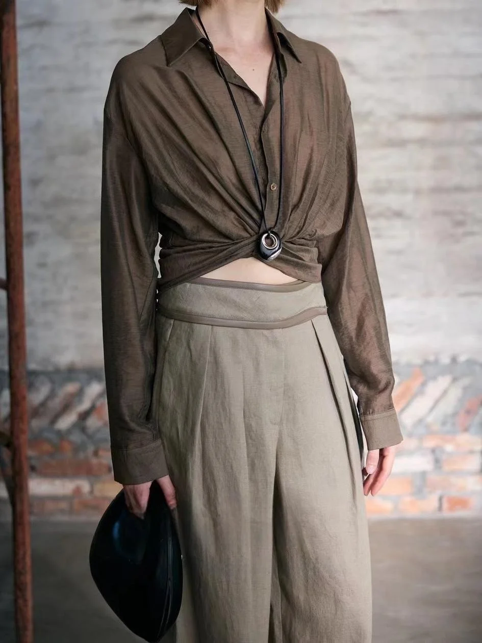 

Spring 2026 Women's Lightweight Long Sleeve Shirt Chicmoc Larsele Knot Design Loose Fit Commute Style Pure Color Regency Fiber