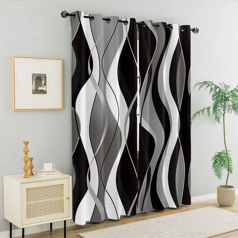 Black Grey White Wavy Line Curtains Thermal Insulated Window Drapes Set for Bedroom Living Room Home Decor Light Blocking