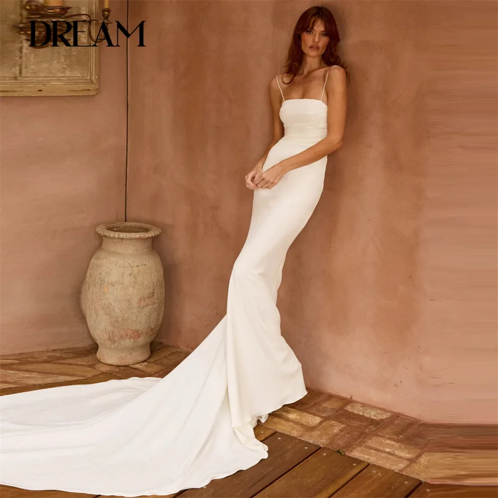 

DREAM Simple Mermaid Wedding Dress 2025 Bow Pleat Spaghetti Straps Sleeveless Open Back Bridal Gown Vestidos De Novia Customized