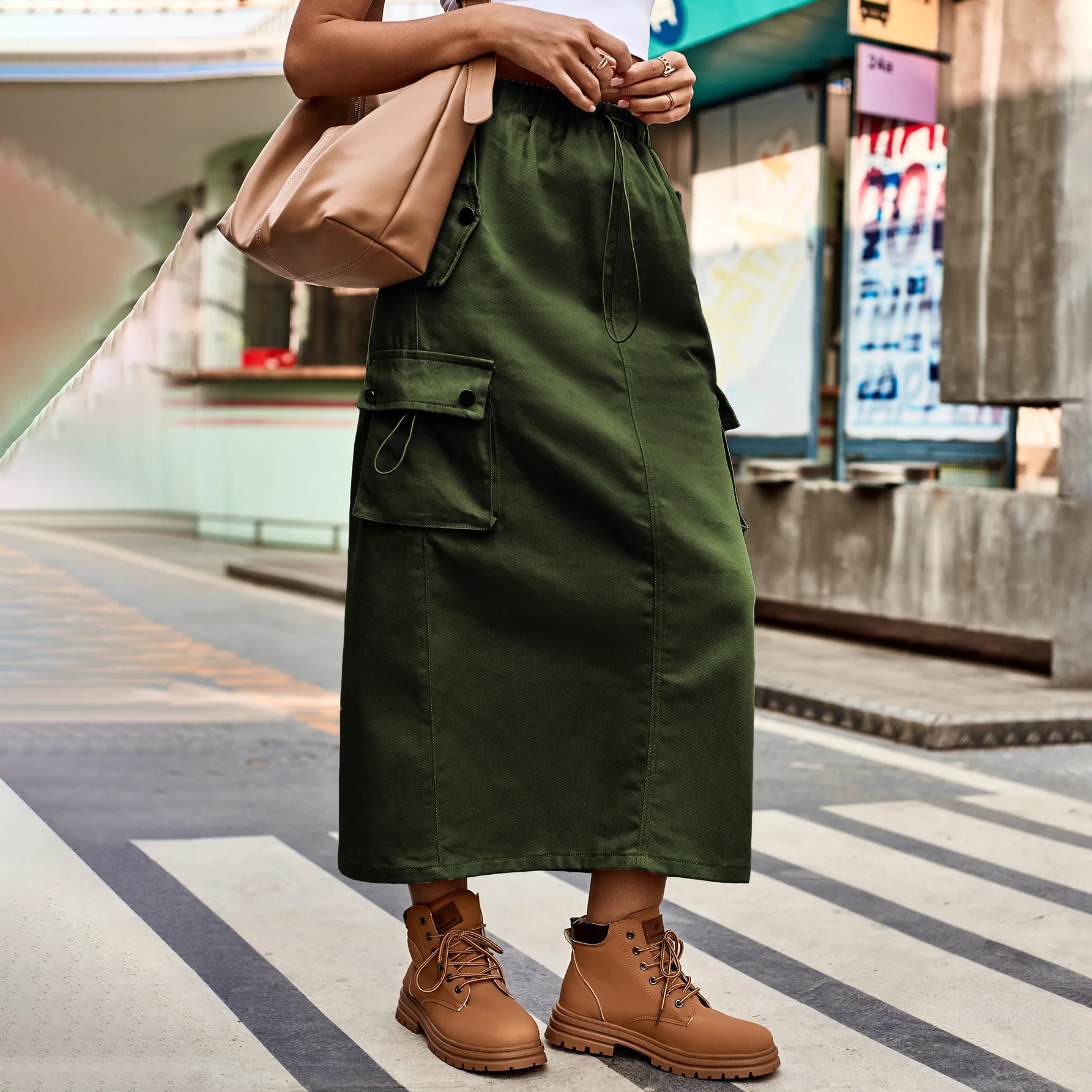 

Chic Heavy-duty Denim Skirts Bottom Women High Waist Streetwear Long Skirts Drawstring Design Denim Cargo Midi Skirt Y2K