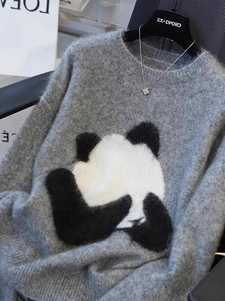 

Large Size Women's Knitted Sweater Loose Embroidered Panda Long Sve round Ne Basic irt Autumn Winter Faion Commute S...