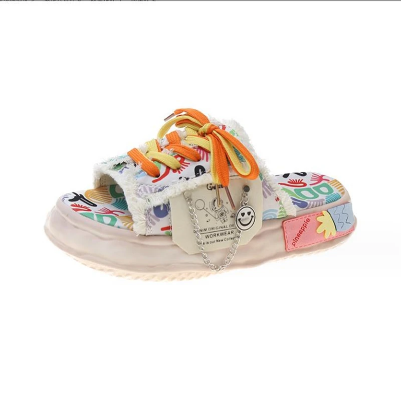 Platform Shoes Mules Flip Flops Street Sandals Clogs Flat Casual Shoes For Female Fashion Design Summer Women Graffiti Slippers