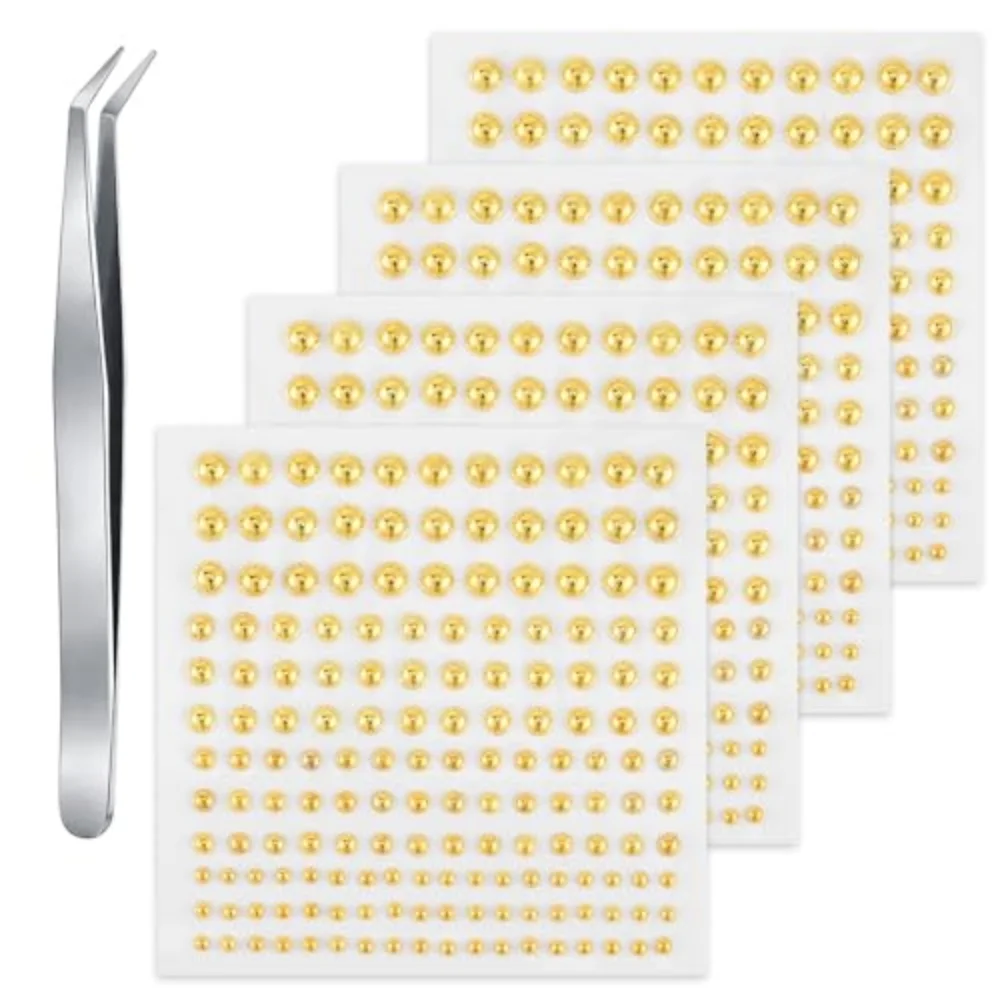 1/4 Sheets Set Self‑Adhesive Gold Fake Piercing Stickers With Tweezer Multi‑Size Stick‑on Face Stud Gems For Nose Eyebrow Lip