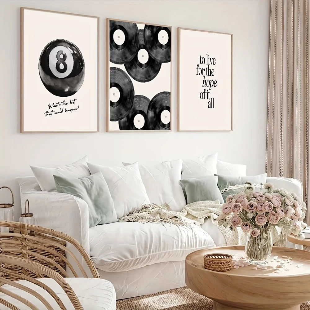 3pcsModern Black 8 Pool Ball Vinyl Record Preppy Wall Art Print Canvas Painting Poster Picture For Living Room Home Decor view 2