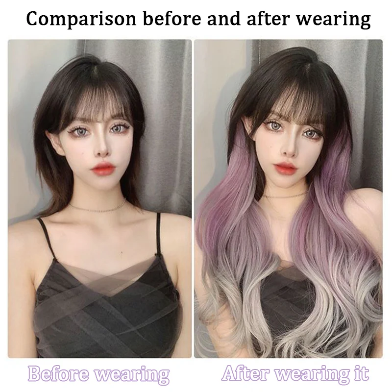 Gradient wig piece dyed one piece V-shaped seamless purple gray wig piece female synthetic clip wig suitable for anyone