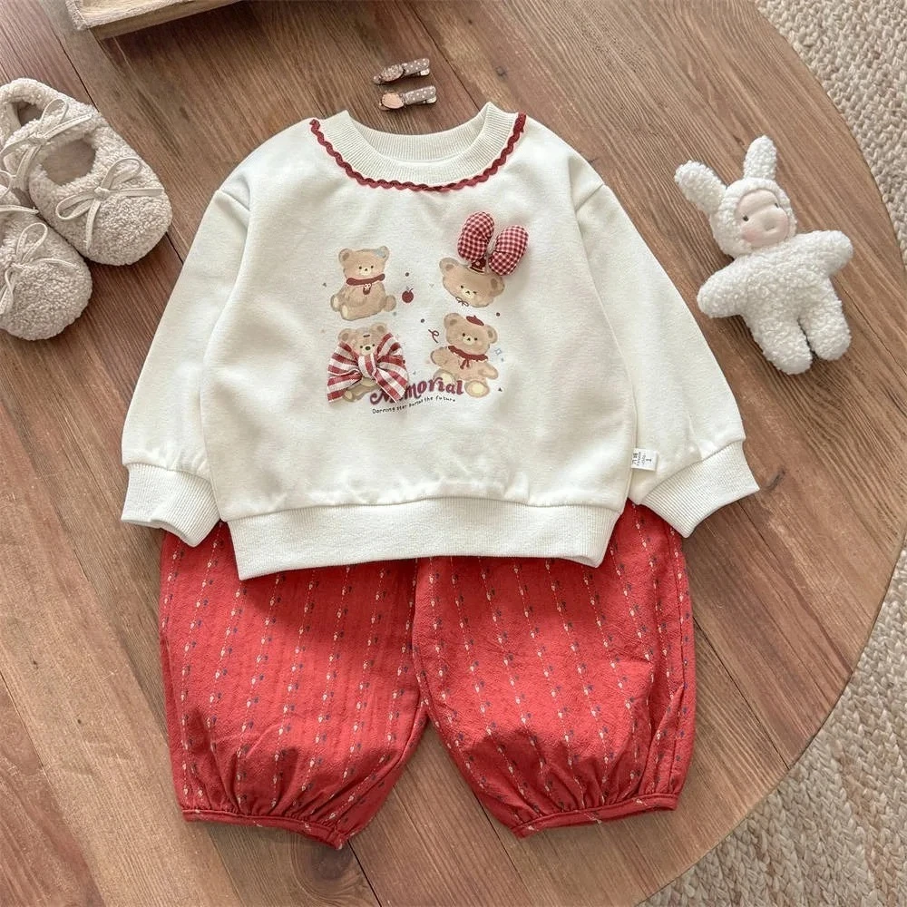 خريف جديد لطيف ملابس عقدة شعر للفتيات الدب كم طويل بلوزات وسراويل مخططة حمراء موضة الأطفال مجموعة النسخة الكورية #2