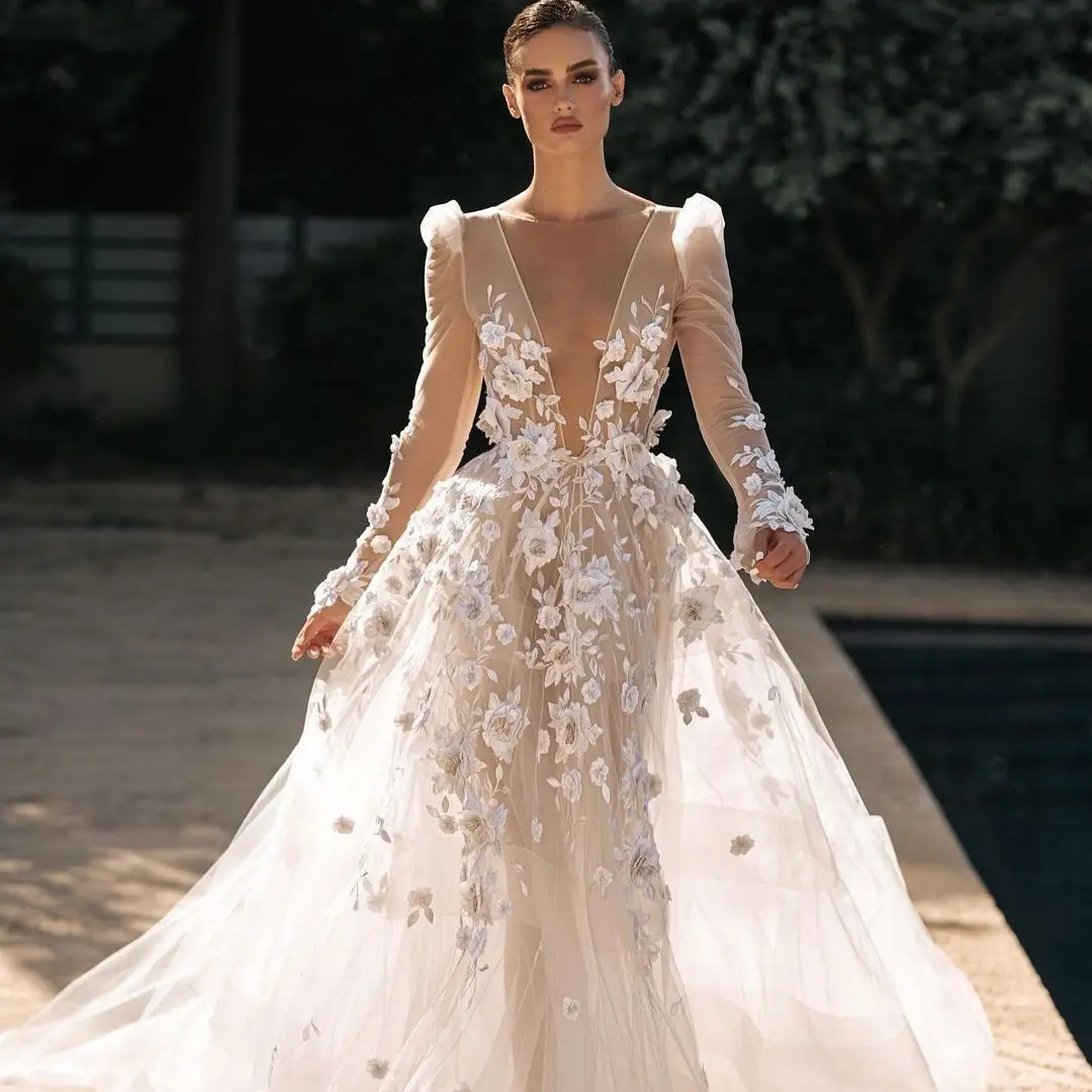 A Line Deep V Neck Wedding Dresses Long Sleeves Floral Appliques Bridal Gown Open Back Sexy robes de mariée Customized