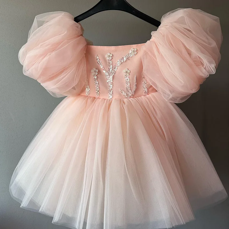 2026 Children Sequin Dress Vestido Girls Puff Sleeve White Pink Formal Kids Birthday Tutu Princess Gown First Party Costume